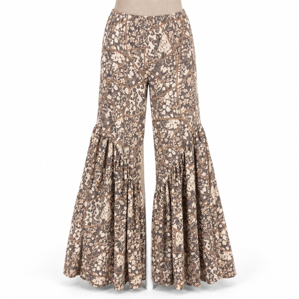 Floral Patchwork Wide Leg Palazzo Pants Size M Brown Hippie Boho Flowy Bloomer